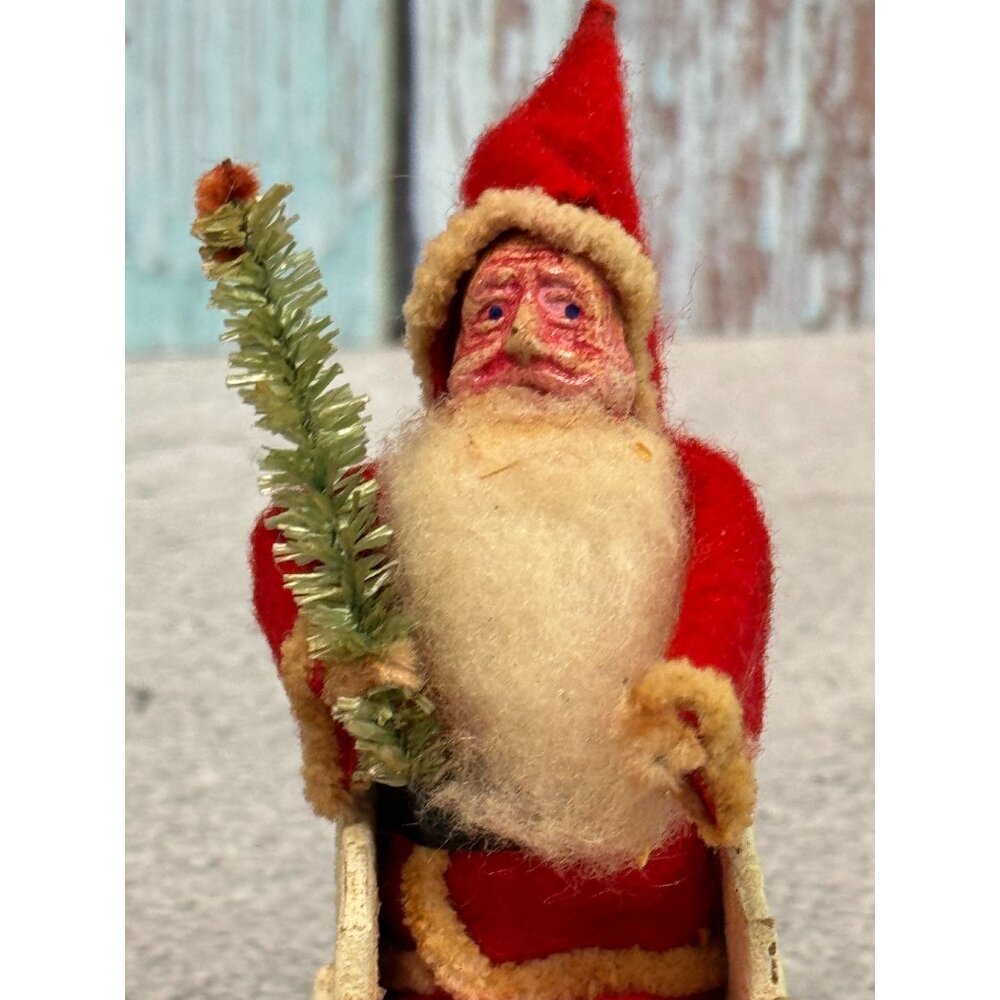 Antique 1930s Japan Santa Cardboard Sleigh Molded Composition Face Brush Tree - Picture 6 of 9